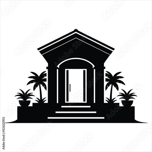 a luxury tropical resort villa entrance , clean architectural structure with an arched or gabled roof