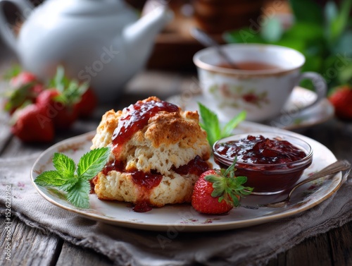 Plate of Scones with strawberry jam and a cup of tea