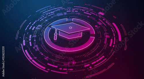 Glowing academic cap encircled by technological rings