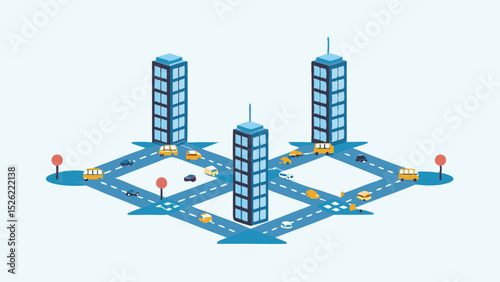 Isometric city scene with three buildings, roads, cars, buses, and trees in a stylized design