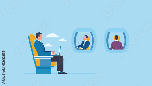 Man working on laptop in airplane seat with other passengers visible through the windows inside plane