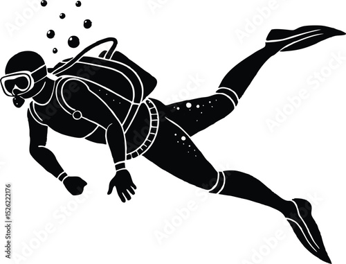 Silhouette of a scuba diver swimming underwater with bubbles in black and white