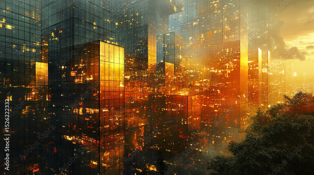 Fototapeta premium stunning cityscape featuring reflective skyscrapers illuminated by warm golden lights