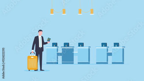 Man in suit holding passport and luggage at airport check in counter with hanging lights above him