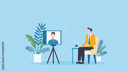 Man sitting in chair talking to person on screen during a video call with plants around him