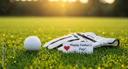 Happy Father's Day greeting card with golf ball and glove on a sunlit green golf course. Celebration concept for a golfing dad.