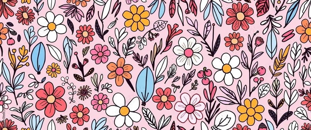 Abstract hand-drawn seamless pattern of nature; line doodles, flowers, leaves, wavy scribbles,  nature,  whimsical Abstract hand-drawn seamless pattern of nature; line doodles, flowers, leaves, wavy scribbles,  nature,  whimsical