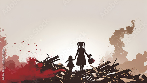  A girl walking with her last toy at a city destroyed by war loneliness, helplessness, save the children concept  photo