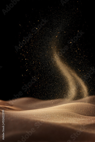 Fine golden California desert sand particles slowly lifting and dispersing in airy, graceful arcs. Natural wind motion shaping soft curves in the air, against a clean black background.