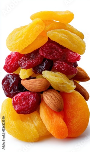 Colorful Dried Fruit and Almond Mix on White Background