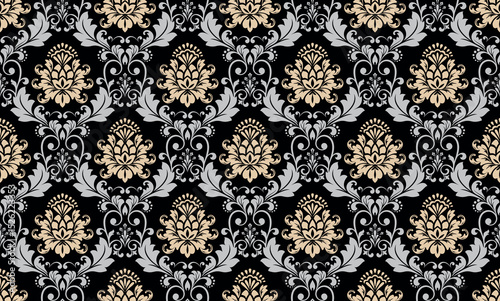 Wallpaper in the style of Baroque. Golden and black floral ornament. Seamless vector background. Graphic pattern for fabric, wallpaper, packaging. Ornate Damask flower illustration