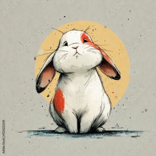 Whimsical rabbit with lowered ears amid a vibrant backdrop capturing a moment of tranquility and curiosity