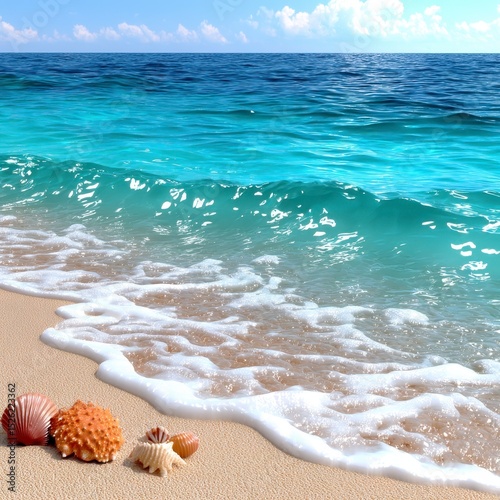 Seashells on Sandy Beach with Turquoise Ocean Waves
