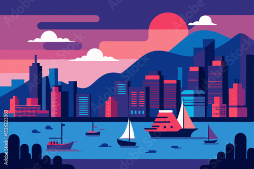 Vibrant Cityscape Sunset Harbor Boats and City Skyline Illustration