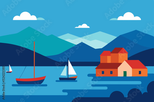 Serene Lakeside Village Sailboats and Mountain Vista Illustration