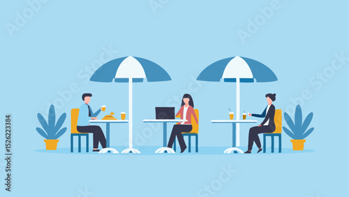 People sitting at outdoor cafe tables under umbrellas with drinks and laptops in a bright setting