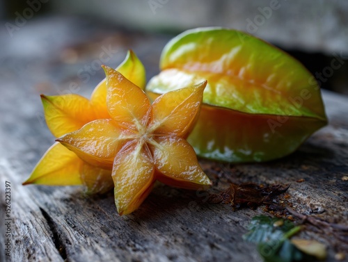 Piece of star fruit with a star shape on it is on a wooden table
