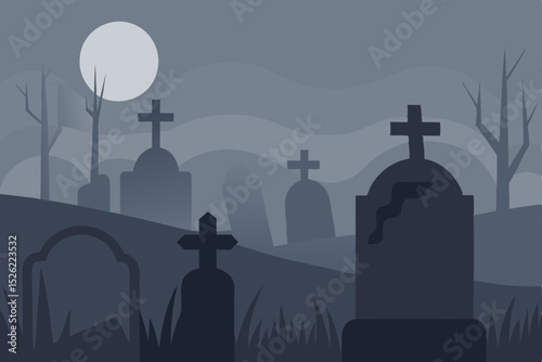 Eerie Graveyard Silhouettes Under a Mysterious Moon A Spooky Halloween Illustration