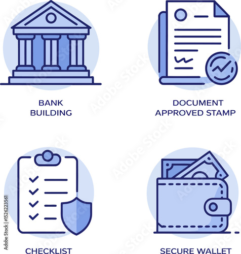 Bank and trust document icons including institution building, approval file, verified seal, and secure wallet.