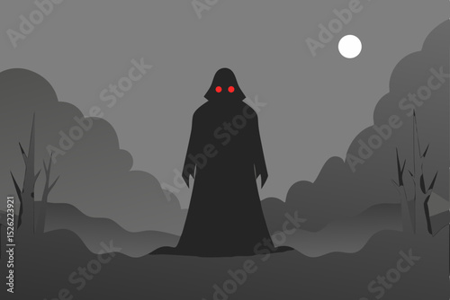 Mysterious Figure in Dark Forest A Nighttime Silhouette Illustration