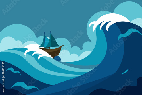 Brave Ship Sailing Through Immense Ocean Waves A Stormy Sea Adventure
