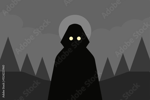 Mysterious Hooded Figure in a Dark, Mountainous Landscape A Minimalist Illustration