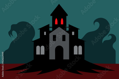 Mysterious Haunted House Illustration Dark Castle Silhouette with Eerie Shadows