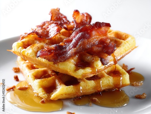 Plate of waffles with bacon and syrup on top