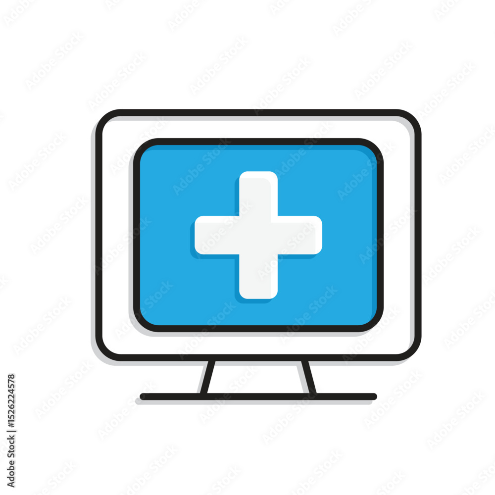 Fototapeta premium Medical icons. Telemedicine. Medical cross on computer screen. Prevention, health, diagnosis. Mixed design style
