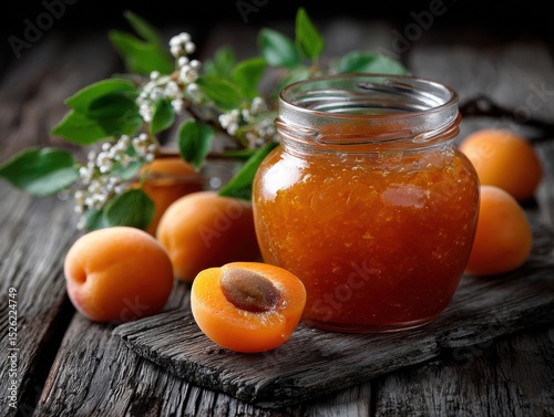 Jar of apricot jam sits on a wooden table next to a fresh apricots