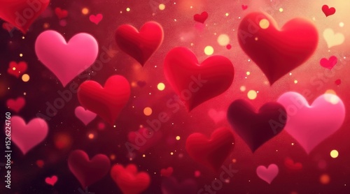 Romantic Valentine's Day Background with Red and Pink Hearts floating in a Sparkling Red Glow