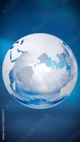Rotating glass Earth with blue sky in background - 3D 4k vertical animation (2160 x 3840 px)