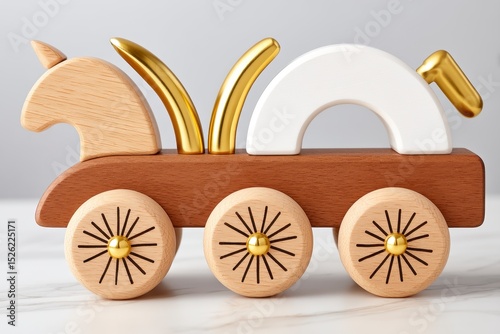 Abstract Wooden Toy Wagon with Unicorn and Gold Accents on Marble Background