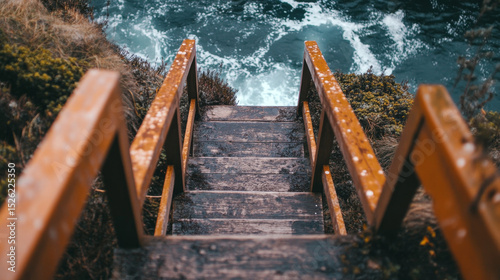 Weathered wooden steps descend towards the powerful crashing ocean waves. A unique perspective on nature's raw beauty.