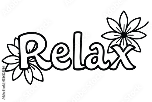 Relax word with floral pattern coloring page for adult in doodle sketch style, vector illustration