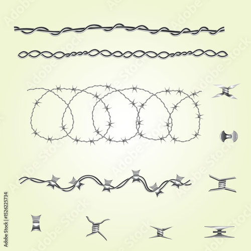 Barb metallic seamless set with fence warning symbols realistic isolated vector illustration