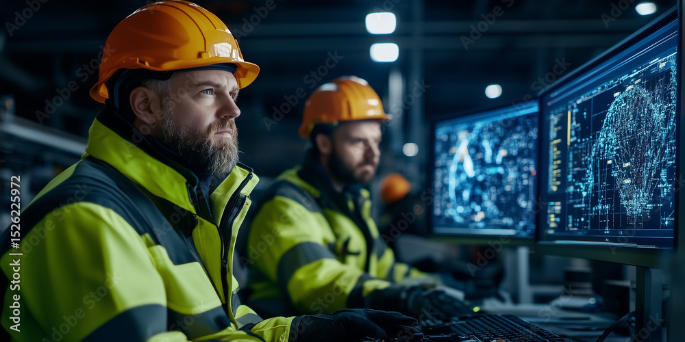 Fototapeta premium Energy sector workers analyzing hydrogen economy strategies industrial facility digital display environment