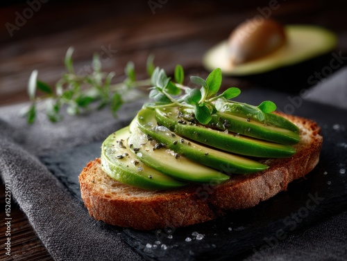 Slice of bread with avocado and herbs on top