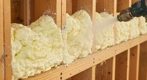 Close-up of spray foam insulation being applied into a wooden wall frame during construction. Expanding polyurethane foam for thermal and sound insulation in a new building project.