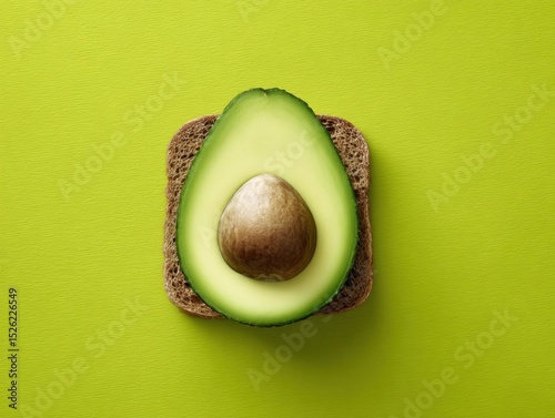 Slice of bread with a green avocado on top with bright green background