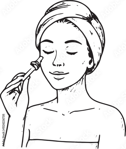 A black-and-white sketch of a woman with a towel on her head, using a roller on her face with closed eyes, ideal for skincare, beauty, and relaxation-themed illustrations