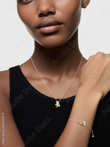 woman wearing a fine silver chain necklace with a small gold bear and another silver bear hanging from it, with her hand in front of her neck