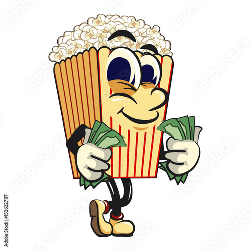 cartoon popcorn box mascot carrying money while whistling, funny snack character vector illustration isolated on transparent background, work of hand drawn