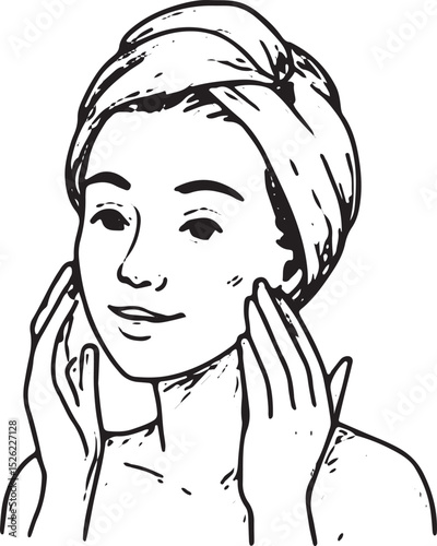 A black-and-white sketch of a woman with a towel on her head, applying cream to her face with closed eyes, perfect for skincare, beauty, and relaxation-themed designs