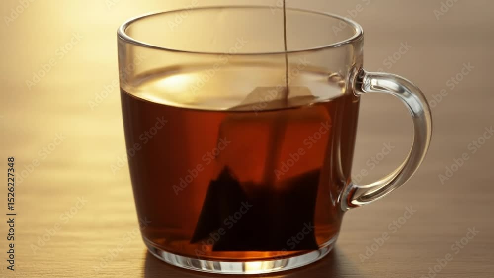 Pouring tea into a clear glass mug with a handle on a wooden table in soft warm natural lighting