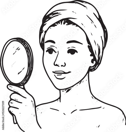 A black-and-white sketch of a woman with a towel on her head, holding a mirror with a gentle smile, perfect for beauty, skincare, and self-care themed illustrations