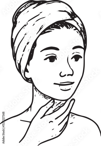 A black-and-white sketch of a woman with a towel on her head, applying cream to her face with closed eyes, perfect for skincare, beauty, and relaxation-themed designs
