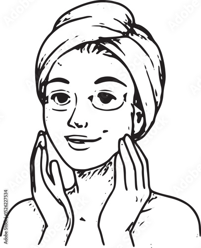 A black-and-white sketch of a woman with a towel on her head, applying cream to her face with closed eyes, perfect for skincare, beauty, and relaxation-themed designs