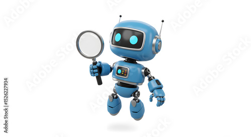 Cute blue robot holding magnifying glass, searching, exploring, investigating.