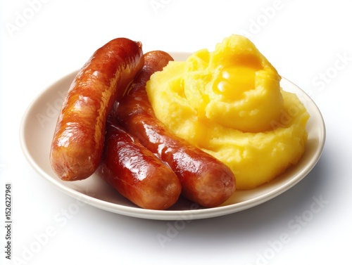 Plate of sausages, mashed potatoes isolated on white